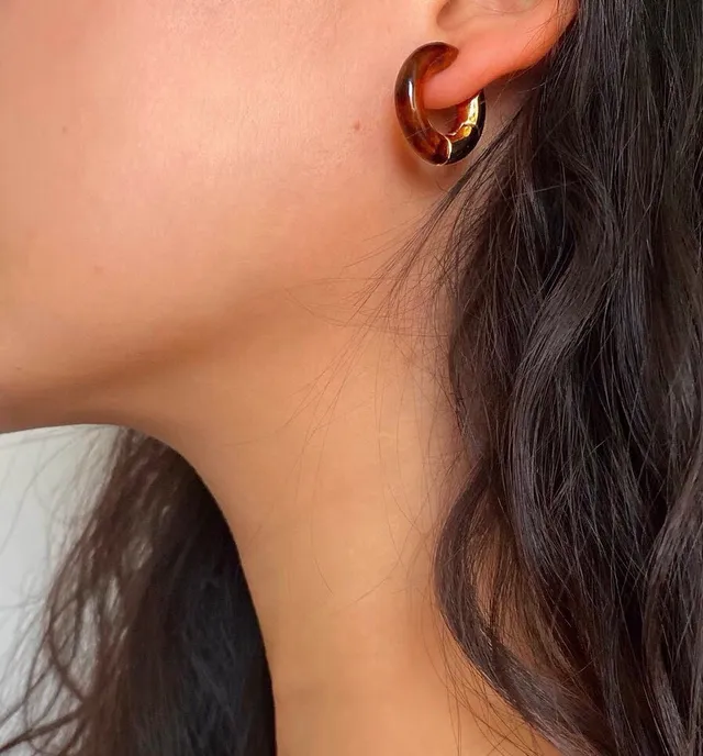 Bottega Veneta C-Shaped Hoop Brown Green Resin Inlay Earrings