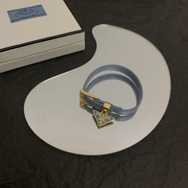 Prada Triangle Charm Blue Gold Thin Leather Strap Buckle Bracelet