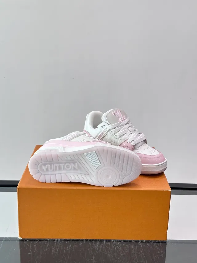 Louis Vuitton LV Trainer Pink White Layered Monogram Leather Asymmetrical Branded Strap Lifestyle Sneakers