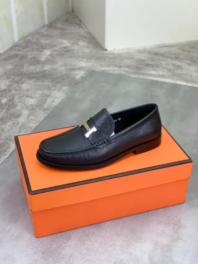 Hermès Oran Loafer Black Textured Leather H-Buckle Loafer