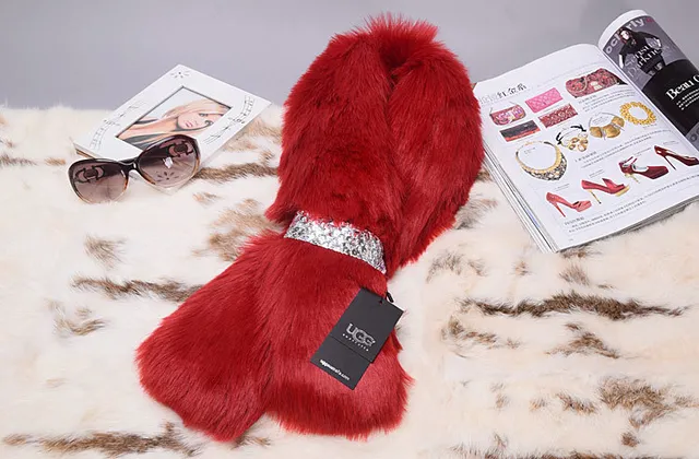UGG Red Silver Faux Fur Sequined Band Scarve