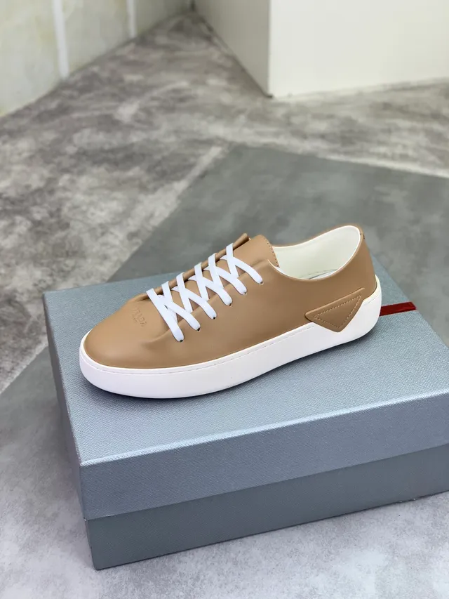 Prada Beige White Smooth Leather Upper Flat Laces Lifestyle Sneakers