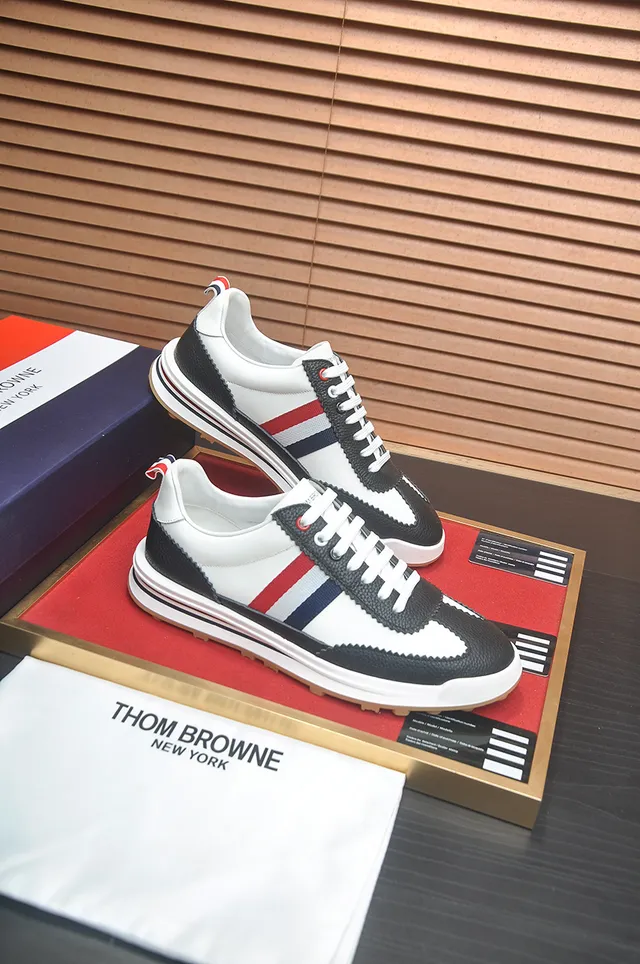 Thom Browne White Black Low-Top Leather-and-Synthetic Upper Lifestyle Sneakers