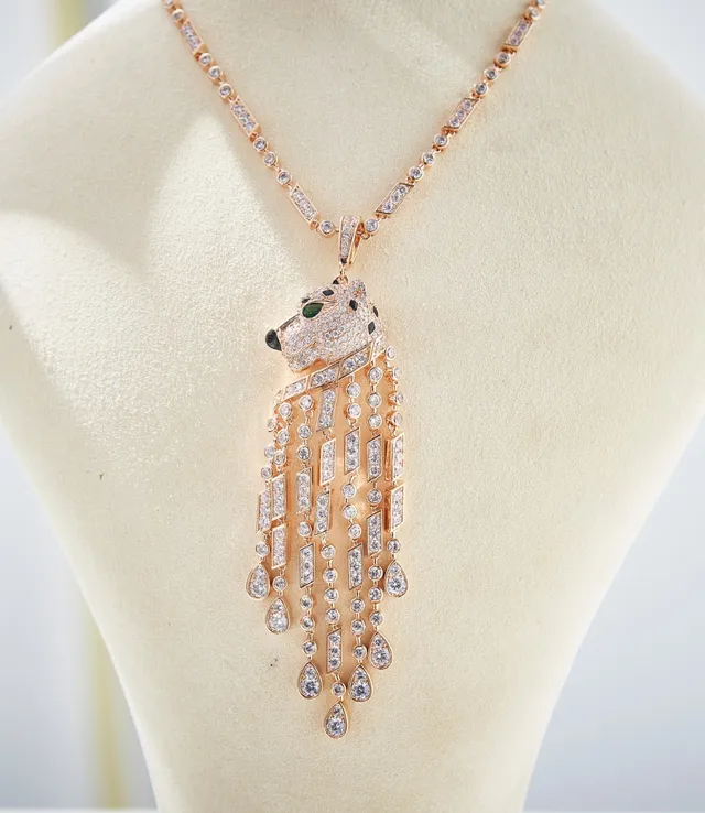 Cartier Gold Green Panther Head Motif Pavé-Set Diamonds Necklace