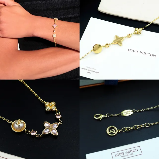Louis Vuitton Gold-Tone Pearl and Pink Crystal Floral Charm Bracelet