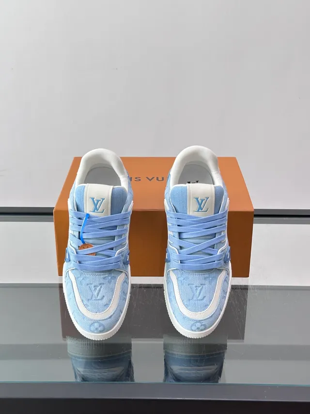 Louis Vuitton LV Trainer Blue White Monogrammed Canvas Asymmetrical Strap Detail Lifestyle Sneakers