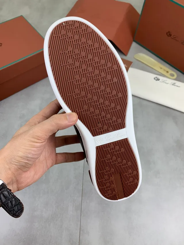 Loro Piana Brown Beige Leather-and-Suede Upper Perforated Toe Cap Lifestyle Sneakers