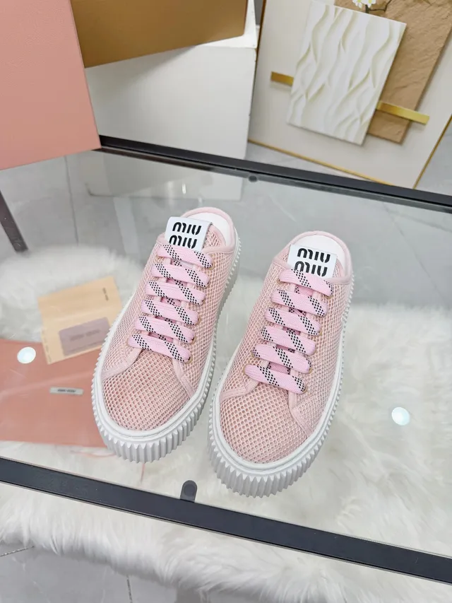 Miu Miu Platform Sneaker Pink White Mesh Upper Ridged Sole Lifestyle Sneakers