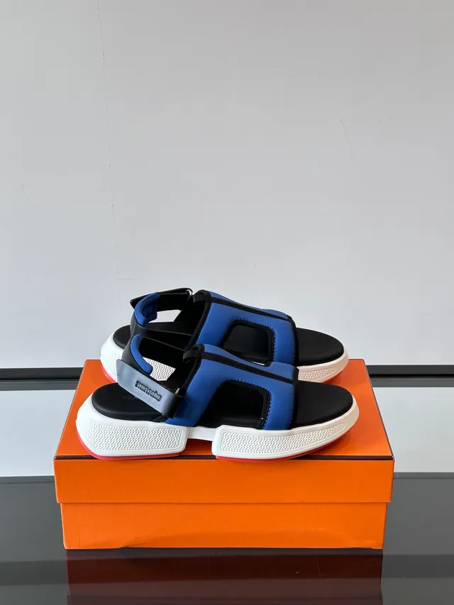 Hermès Oran Black Blue Chunky Platform Sole Multi-Strap T-Bar Design Casual Sandals