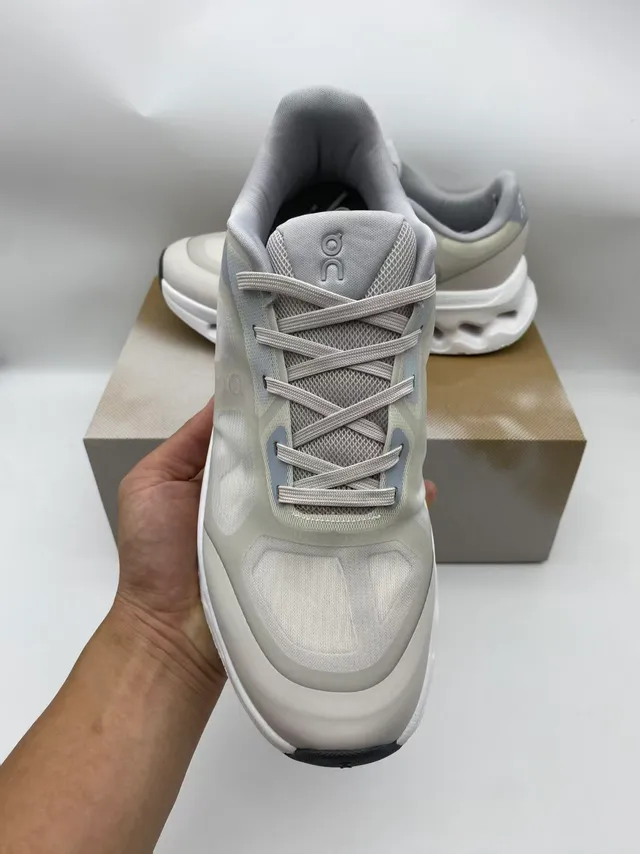 On Beige Gray Sculpted Open-Cell Midsole Mesh And Synthetic Overlay Upper Running Shoes