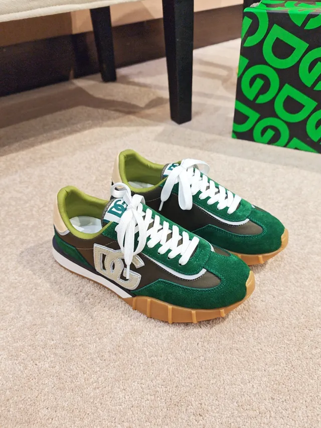 Dolce & Gabbana Green Beige Layered Suede And Mesh Upper Prominent DG Logo Patch Lifestyle Sneakers
