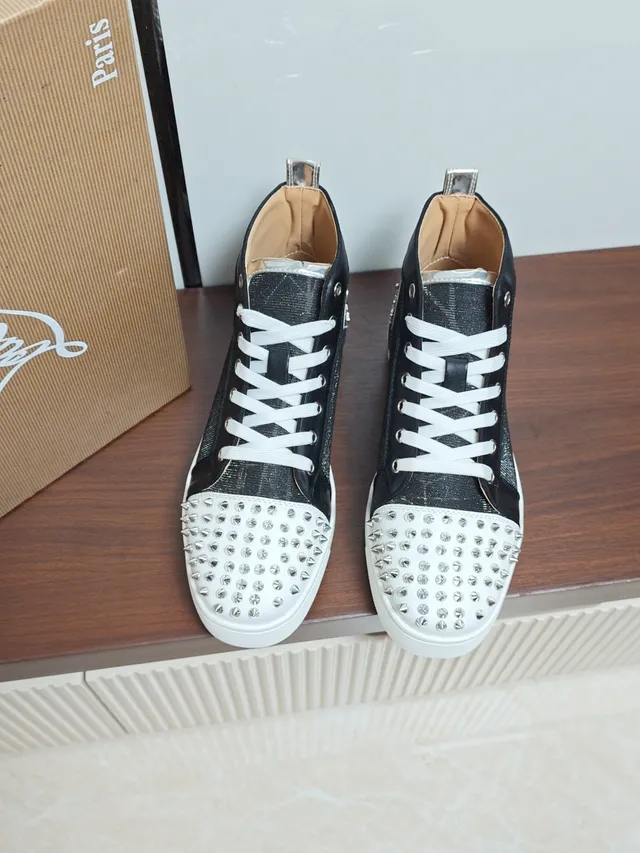 Christian Louboutin Lou Spikes Black White High-Top Studded Toe Cap Lifestyle Sneakers