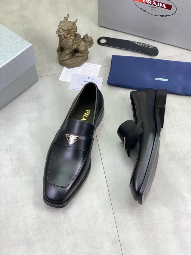 Prada Logo Strap Loafer Black Leather Loafers