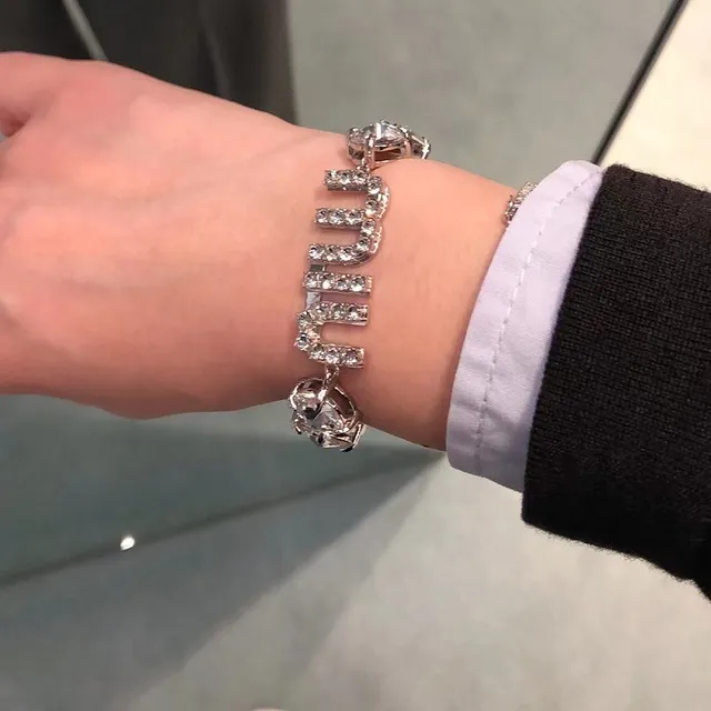 Miu Miu Crystal Logo Bracelet Silver-Tone Metal Bracelet