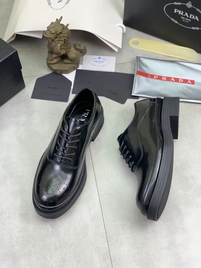 Prada Black Glossy Leather Perforated Toe Brogue