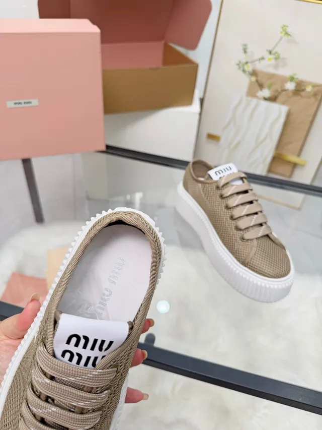 Miu Miu Platform Sneakers Beige White Mesh Upper Ridged Sole Lifestyle Sneakers