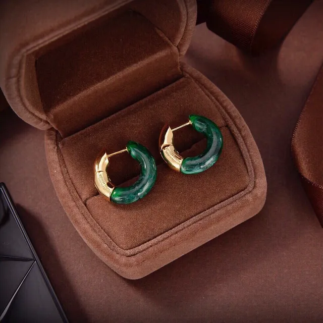 Bottega Veneta C-Shaped Hoop Brown Green Resin Inlay Earrings