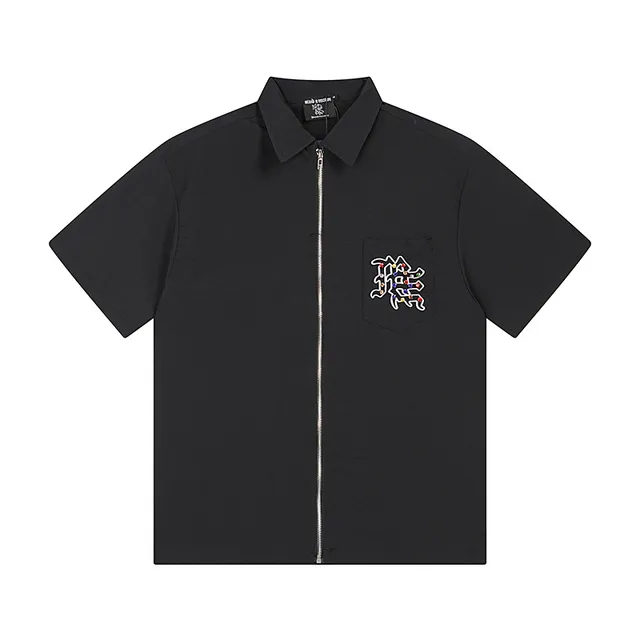 Black Zip-Front Embroidered Graphic Shirt