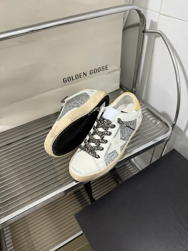 Golden Goose Super-Star Distressed White Glitter Star Lifestyle Sneakers
