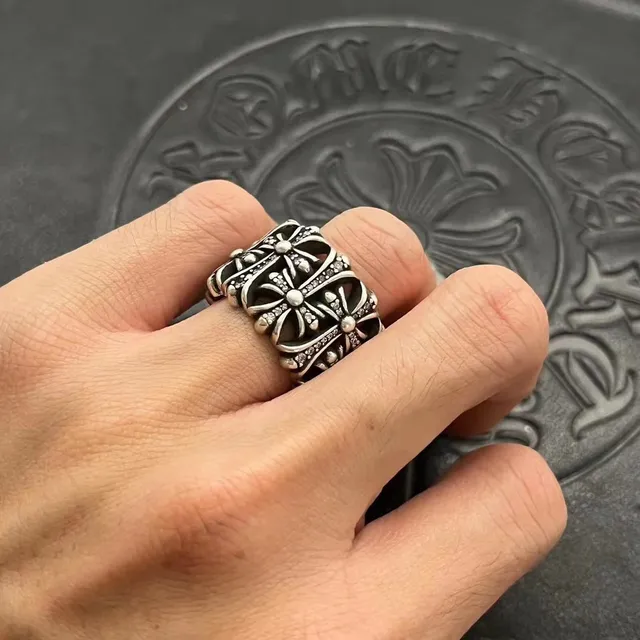 Chrome Hearts Floral Cross Pavé Oxidized Silver Ring