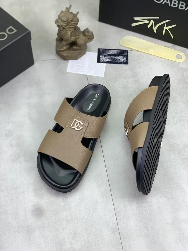 Dolce & Gabbana Beige Black Two-Strap Slide Textured Leather Upper Casual Sandals