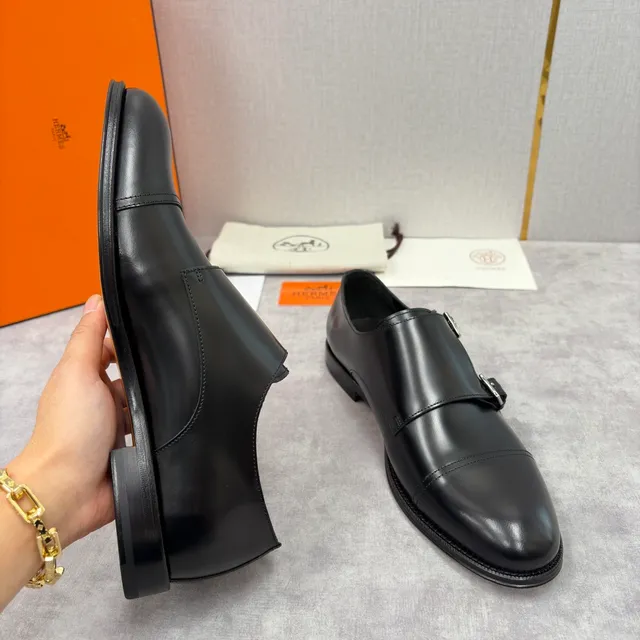 Hermès Double Monk Strap Cap Toe Black Leather Monk Shoes