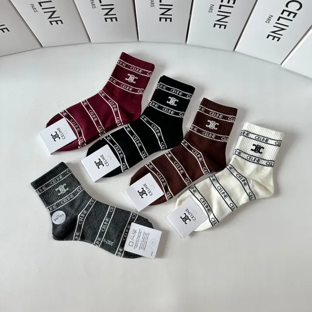 Celine Burgundy Black Logo-Band Cuff Ribbed Knit Socks