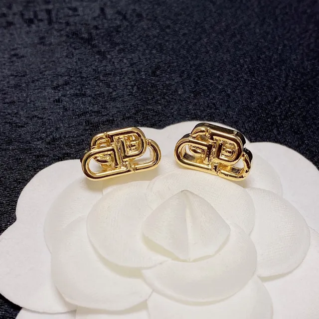Balenciaga BB Gold Silver Interlocking Monogram Openwork Metal Earrings