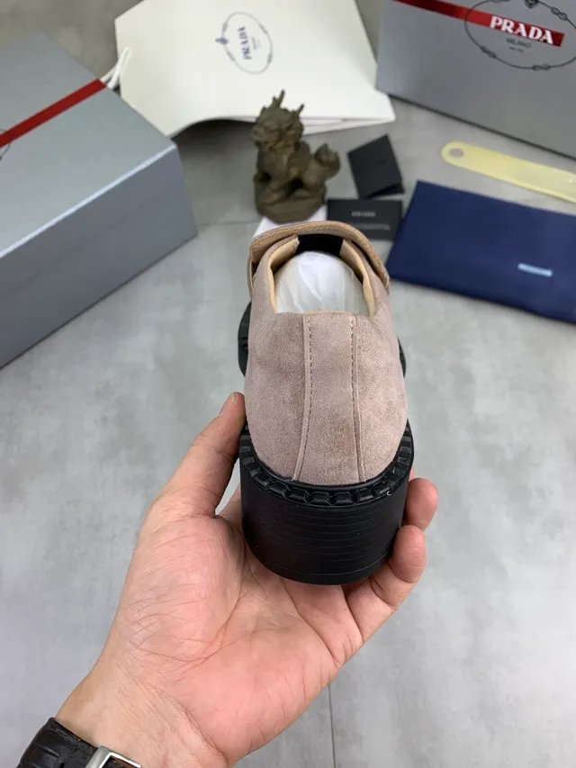 Prada Beige Black Suede Upper Padded Strap Loafer