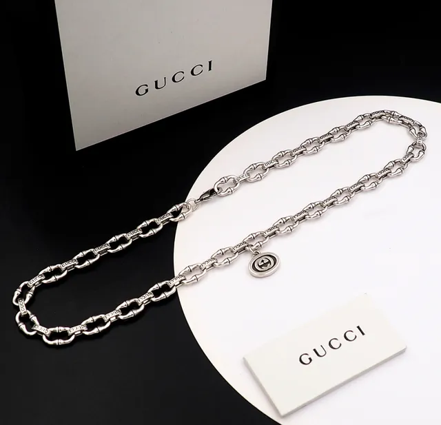 Gucci Ophidia Silver White Bamboo-Link Chain Engraved Branding Necklace