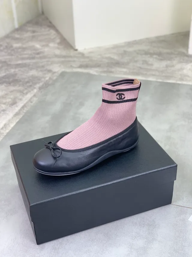 Chanel Black Pink Sock-Fit Knit Upper Leather Toe Cap Ballet Flat