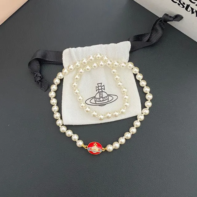 Vivienne Westwood Orb Pearl Necklace Beige Gold Strand Enamel Charm Necklace