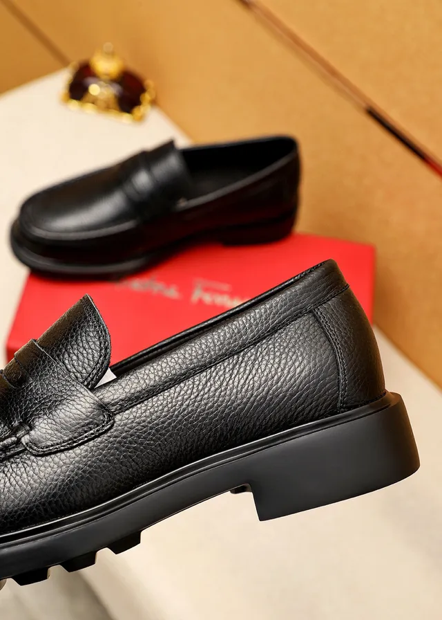 Salvatore Ferragamo Black Pebbled Leather Penny Loafers