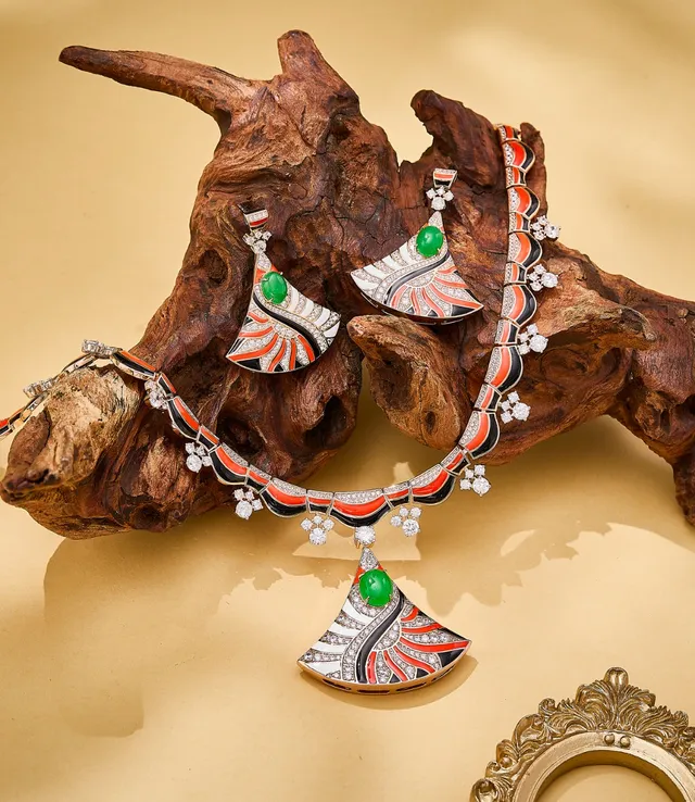 Gold Multicolor Fan-Shaped Enamel Inlay Earrings