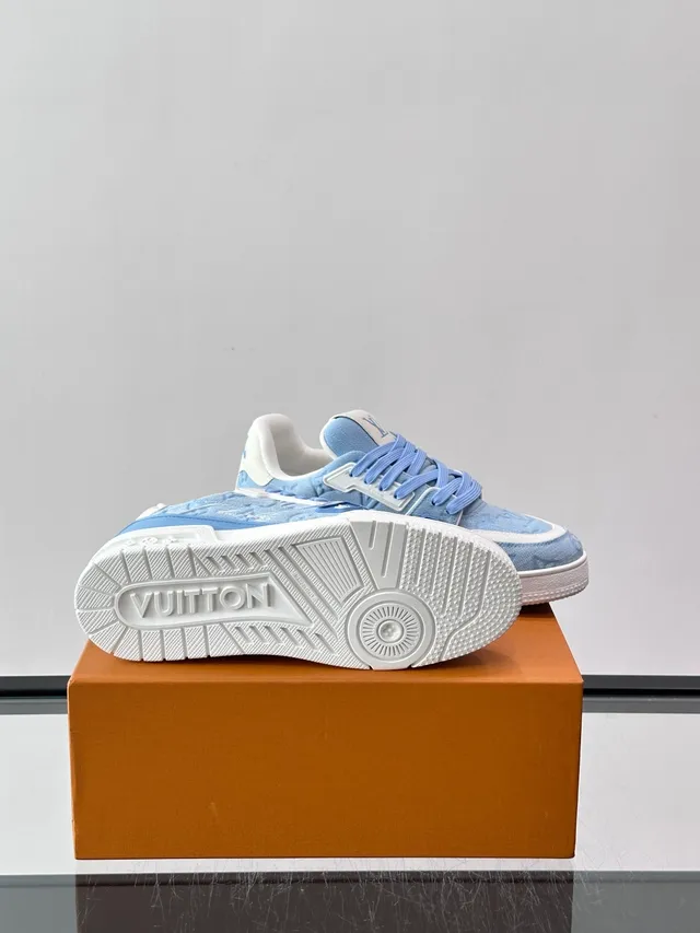Louis Vuitton LV Trainer Blue White Monogrammed Canvas Asymmetrical Strap Detail Lifestyle Sneakers