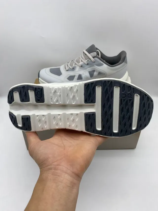 On Beige Gray Sculpted Open-Cell Midsole Mesh And Synthetic Overlay Upper Running Shoes