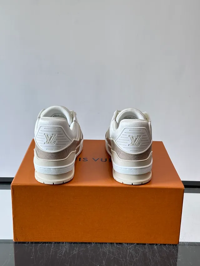Louis Vuitton LV Trainer Beige White Structured Multi-Panel Upper Branded Side Strap Lifestyle Sneakers