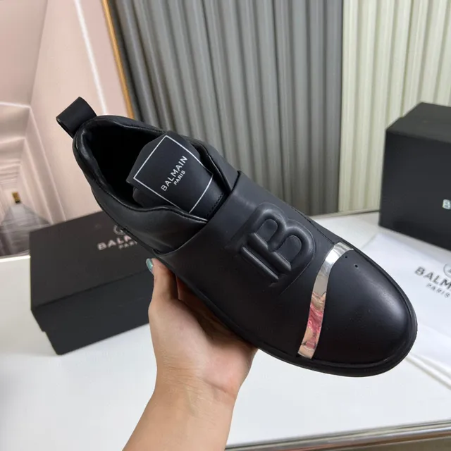 Balmain Black Silver Slip-On Leather Upper Lifestyle Sneakers