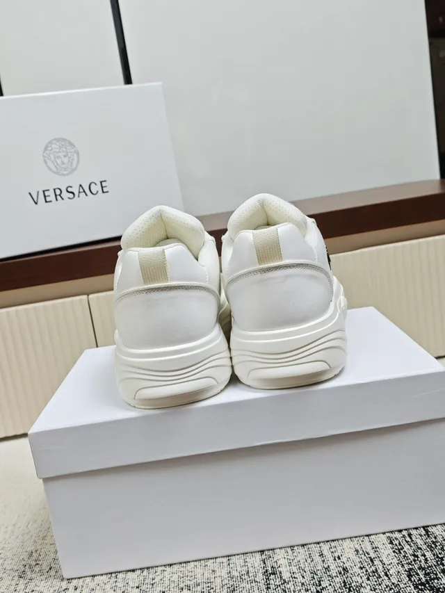 Versace White Black Leather-and-Fabric Upper Thick Sculpted Platform Sole Chunky Sneakers