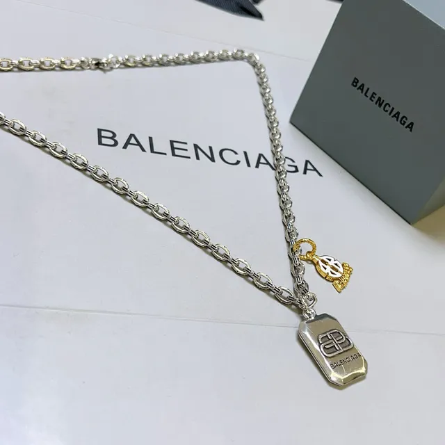 Balenciaga Multi-Charm Necklace Silver Gold Chunky Link Chain Rectangular Engraved Pendant Necklace