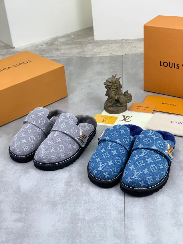 Louis Vuitton Blue Navy Denim Monogram Fabric Plush Shearling Lining Casual Shoes