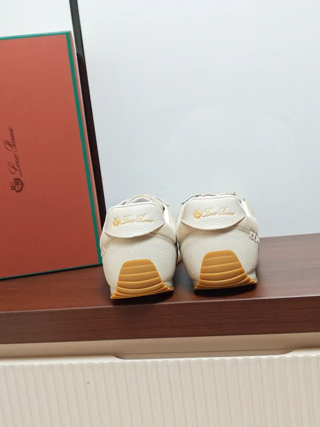 Loro Piana Beige White Textured Leather Upper Suede Side Panels Sneakers