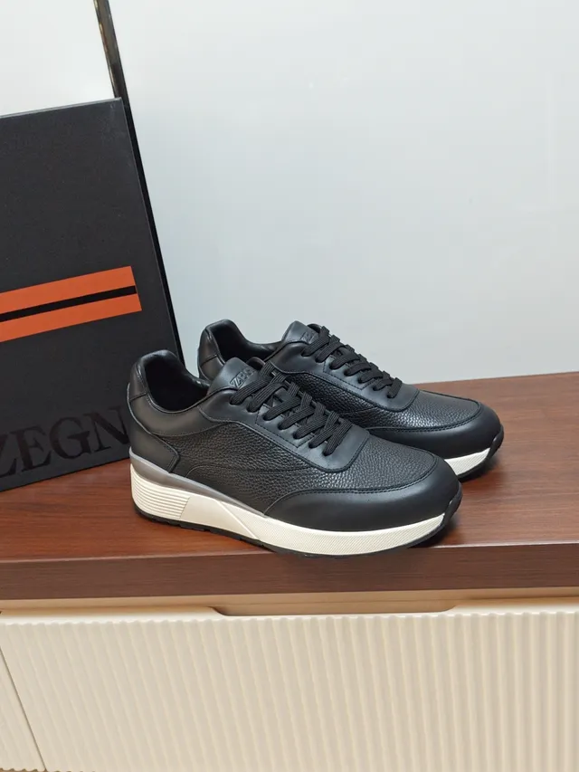 Zegna Black White Pebbled Leather Upper Contrast Layered Midsole Sneakers