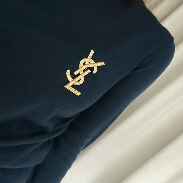 Saint Laurent YSL Monogram Crystal-Embellished Gold-Tone Brooch