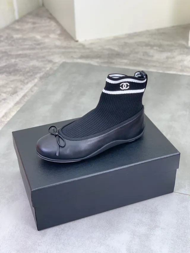 Chanel Black White Knit Sock Ankle Leather Toe Cap Ballet Flat
