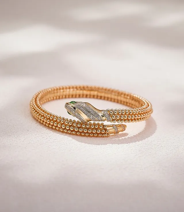 Bvlgari Serpenti Gold Green Coiled Serpentine Beaded Texture Bracelet