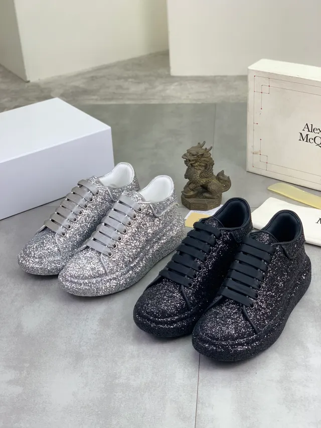 Alexander McQueen Silver White Glitter-Covered Platform Sole Lifestyle Sneakers