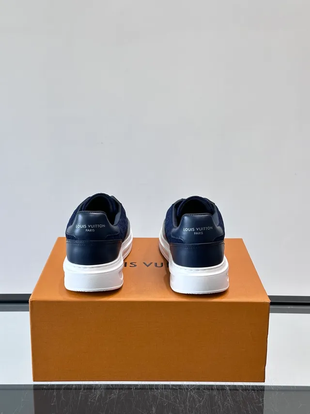 Louis Vuitton LV Trainer Navy White Monogrammed Suede And Leather Upper Thick Platform Sole Lifestyle Sneakers