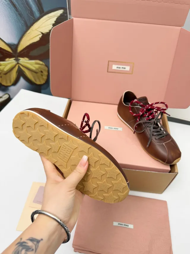 Miu Miu Brown Red Leather Upper Dual-Tone Laces Sneakers