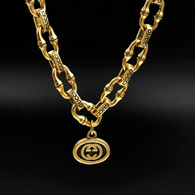 Gucci Bamboo Chain Engraved Double G Pendant Necklace